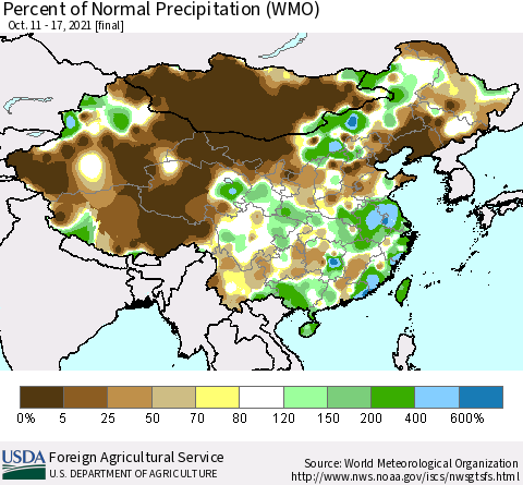 China, Mongolia and Taiwan Percent of Normal Precipitation (WMO) Thematic Map For 10/11/2021 - 10/17/2021