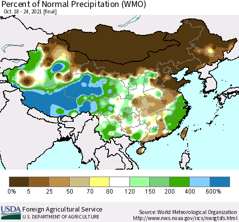 China, Mongolia and Taiwan Percent of Normal Precipitation (WMO) Thematic Map For 10/18/2021 - 10/24/2021