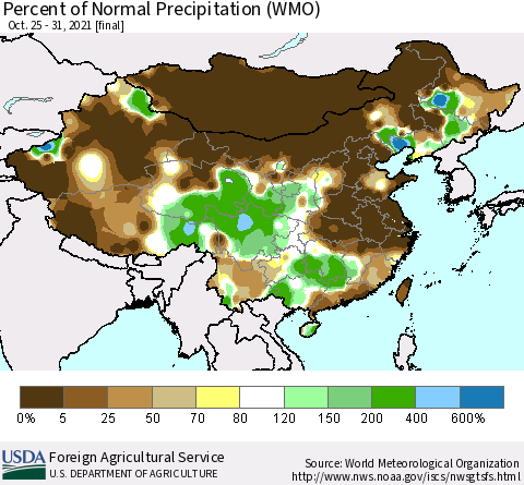 China and Taiwan Percent of Normal Precipitation (WMO) Thematic Map For 10/25/2021 - 10/31/2021