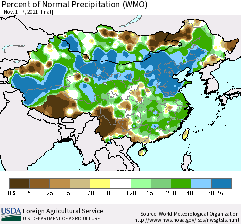 China and Taiwan Percent of Normal Precipitation (WMO) Thematic Map For 11/1/2021 - 11/7/2021