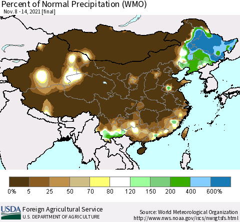 China and Taiwan Percent of Normal Precipitation (WMO) Thematic Map For 11/8/2021 - 11/14/2021