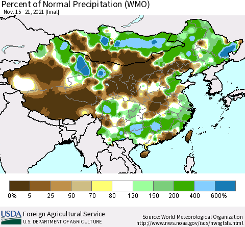 China and Taiwan Percent of Normal Precipitation (WMO) Thematic Map For 11/15/2021 - 11/21/2021