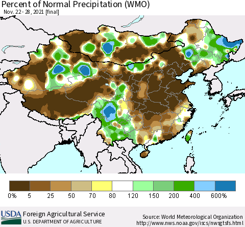 China and Taiwan Percent of Normal Precipitation (WMO) Thematic Map For 11/22/2021 - 11/28/2021