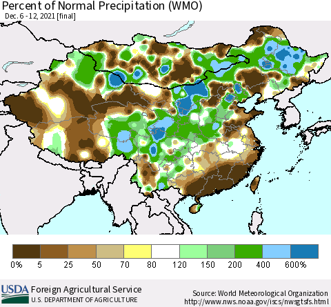 China, Mongolia and Taiwan Percent of Normal Precipitation (WMO) Thematic Map For 12/6/2021 - 12/12/2021