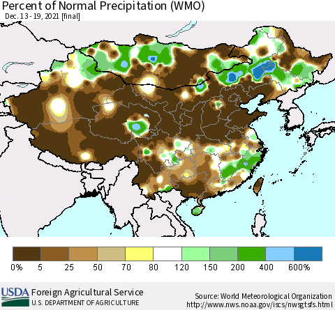 China and Taiwan Percent of Normal Precipitation (WMO) Thematic Map For 12/13/2021 - 12/19/2021