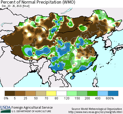 China, Mongolia and Taiwan Percent of Normal Precipitation (WMO) Thematic Map For 12/20/2021 - 12/26/2021