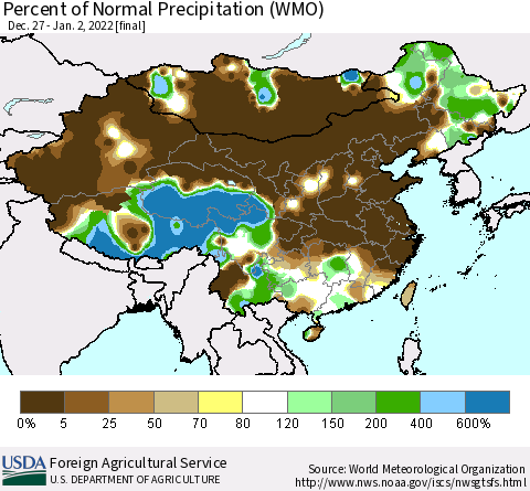 China and Taiwan Percent of Normal Precipitation (WMO) Thematic Map For 12/27/2021 - 1/2/2022