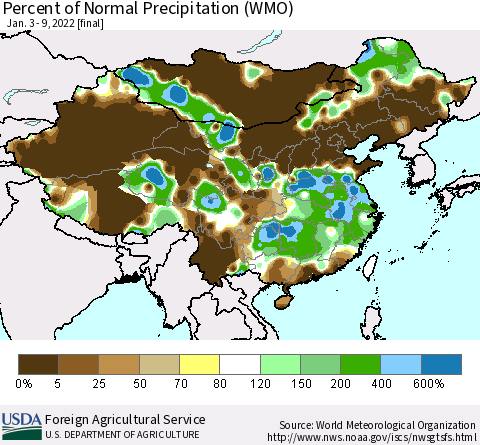 China and Taiwan Percent of Normal Precipitation (WMO) Thematic Map For 1/3/2022 - 1/9/2022
