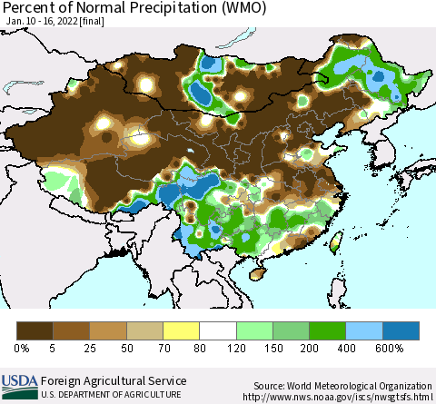 China and Taiwan Percent of Normal Precipitation (WMO) Thematic Map For 1/10/2022 - 1/16/2022