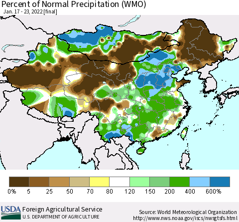 China and Taiwan Percent of Normal Precipitation (WMO) Thematic Map For 1/17/2022 - 1/23/2022