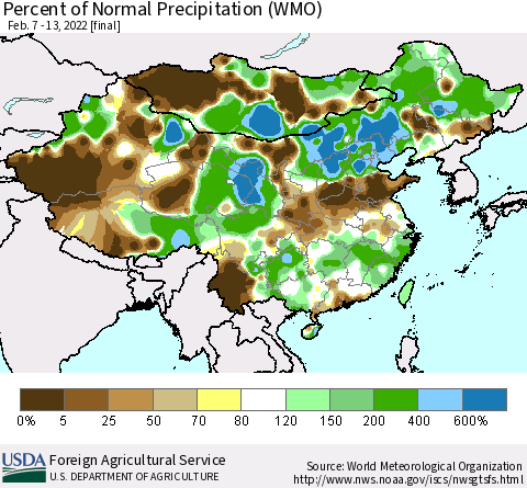 China and Taiwan Percent of Normal Precipitation (WMO) Thematic Map For 2/7/2022 - 2/13/2022