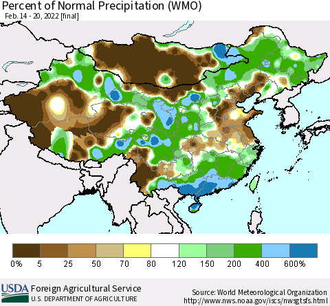 China and Taiwan Percent of Normal Precipitation (WMO) Thematic Map For 2/14/2022 - 2/20/2022