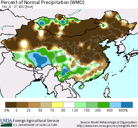 China and Taiwan Percent of Normal Precipitation (WMO) Thematic Map For 2/21/2022 - 2/27/2022