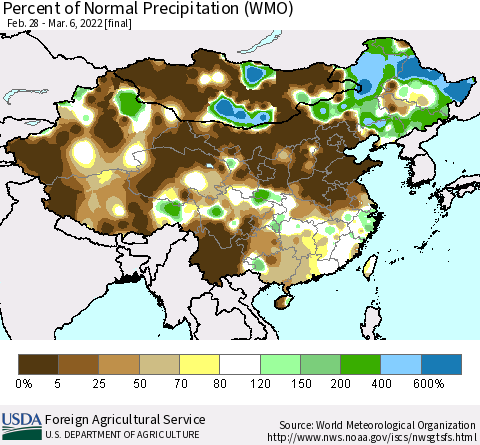 China and Taiwan Percent of Normal Precipitation (WMO) Thematic Map For 2/28/2022 - 3/6/2022