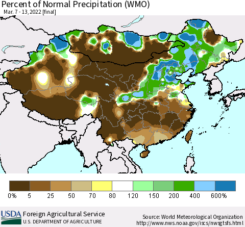 China and Taiwan Percent of Normal Precipitation (WMO) Thematic Map For 3/7/2022 - 3/13/2022