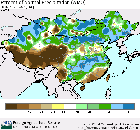China and Taiwan Percent of Normal Precipitation (WMO) Thematic Map For 3/14/2022 - 3/20/2022