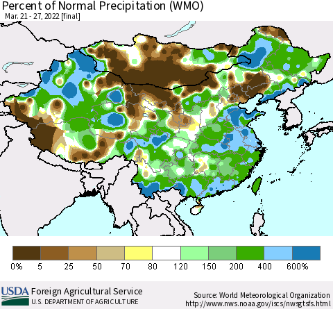 China, Mongolia and Taiwan Percent of Normal Precipitation (WMO) Thematic Map For 3/21/2022 - 3/27/2022