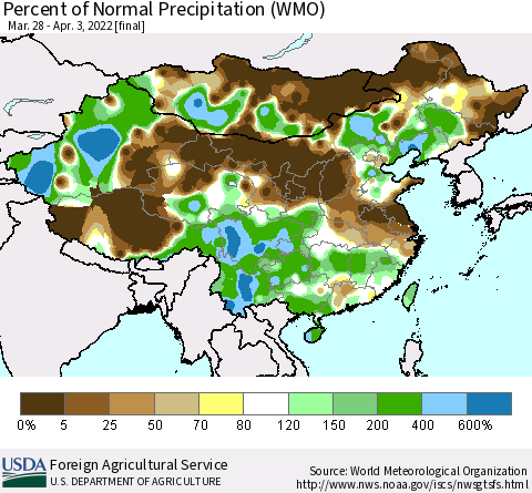 China, Mongolia and Taiwan Percent of Normal Precipitation (WMO) Thematic Map For 3/28/2022 - 4/3/2022
