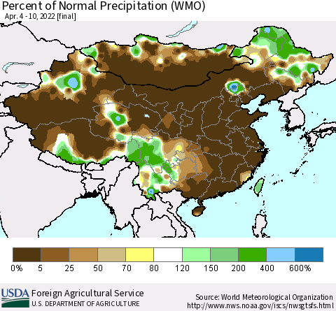China, Mongolia and Taiwan Percent of Normal Precipitation (WMO) Thematic Map For 4/4/2022 - 4/10/2022