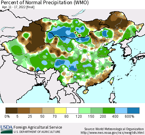 China and Taiwan Percent of Normal Precipitation (WMO) Thematic Map For 4/11/2022 - 4/17/2022