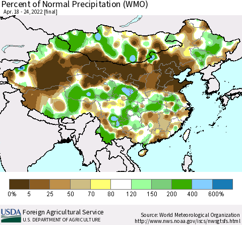 China, Mongolia and Taiwan Percent of Normal Precipitation (WMO) Thematic Map For 4/18/2022 - 4/24/2022