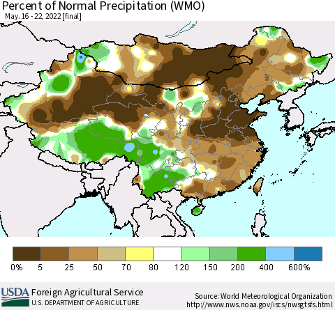 China and Taiwan Percent of Normal Precipitation (WMO) Thematic Map For 5/16/2022 - 5/22/2022