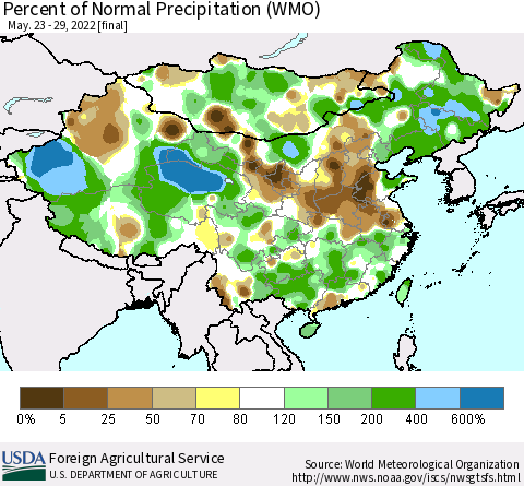 China and Taiwan Percent of Normal Precipitation (WMO) Thematic Map For 5/23/2022 - 5/29/2022