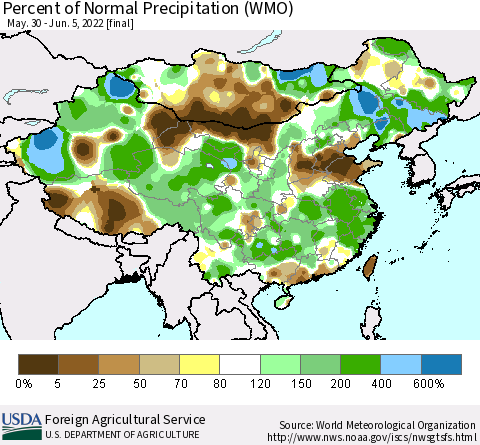 China and Taiwan Percent of Normal Precipitation (WMO) Thematic Map For 5/30/2022 - 6/5/2022