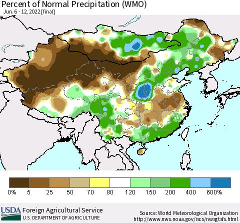 China and Taiwan Percent of Normal Precipitation (WMO) Thematic Map For 6/6/2022 - 6/12/2022