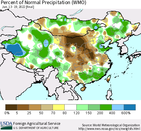 China and Taiwan Percent of Normal Precipitation (WMO) Thematic Map For 6/13/2022 - 6/19/2022