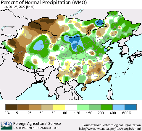 China and Taiwan Percent of Normal Precipitation (WMO) Thematic Map For 6/20/2022 - 6/26/2022