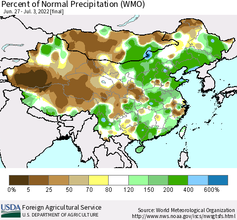 China and Taiwan Percent of Normal Precipitation (WMO) Thematic Map For 6/27/2022 - 7/3/2022