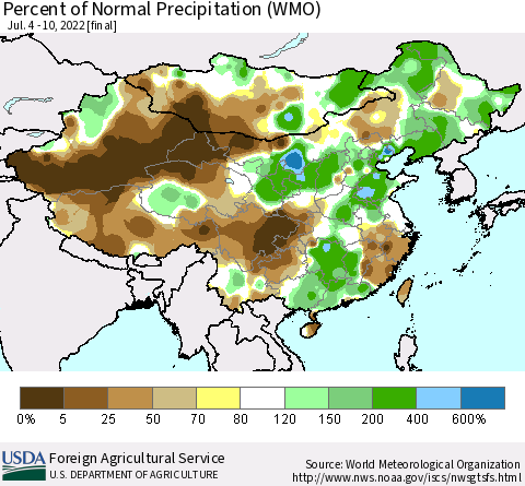China, Mongolia and Taiwan Percent of Normal Precipitation (WMO) Thematic Map For 7/4/2022 - 7/10/2022