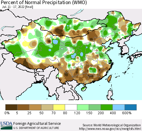 China, Mongolia and Taiwan Percent of Normal Precipitation (WMO) Thematic Map For 7/11/2022 - 7/17/2022