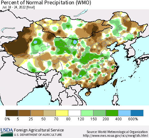 China, Mongolia and Taiwan Percent of Normal Precipitation (WMO) Thematic Map For 7/18/2022 - 7/24/2022