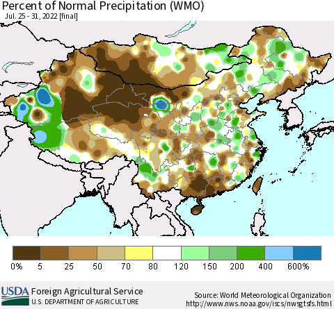 China, Mongolia and Taiwan Percent of Normal Precipitation (WMO) Thematic Map For 7/25/2022 - 7/31/2022