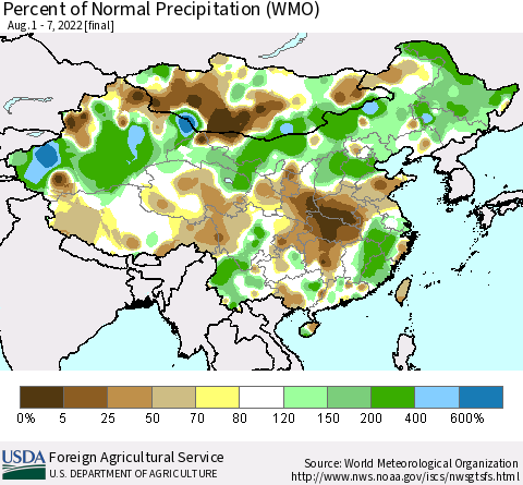 China, Mongolia and Taiwan Percent of Normal Precipitation (WMO) Thematic Map For 8/1/2022 - 8/7/2022