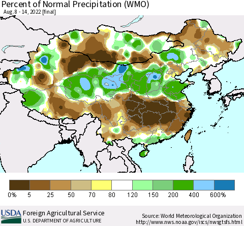 China, Mongolia and Taiwan Percent of Normal Precipitation (WMO) Thematic Map For 8/8/2022 - 8/14/2022