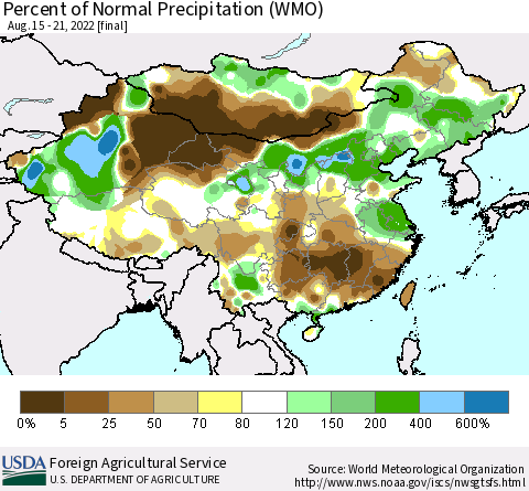 China, Mongolia and Taiwan Percent of Normal Precipitation (WMO) Thematic Map For 8/15/2022 - 8/21/2022