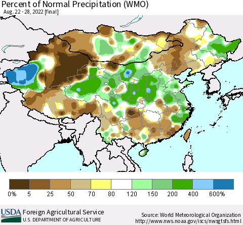 China, Mongolia and Taiwan Percent of Normal Precipitation (WMO) Thematic Map For 8/22/2022 - 8/28/2022
