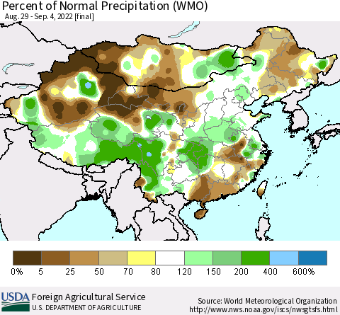 China, Mongolia and Taiwan Percent of Normal Precipitation (WMO) Thematic Map For 8/29/2022 - 9/4/2022