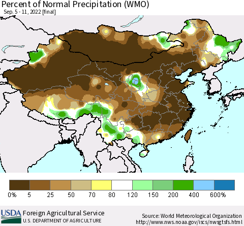 China, Mongolia and Taiwan Percent of Normal Precipitation (WMO) Thematic Map For 9/5/2022 - 9/11/2022