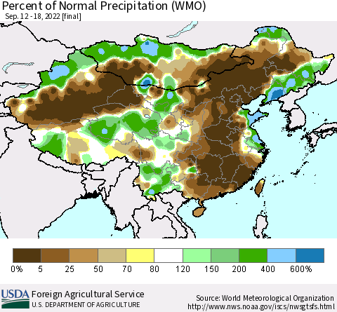 China, Mongolia and Taiwan Percent of Normal Precipitation (WMO) Thematic Map For 9/12/2022 - 9/18/2022