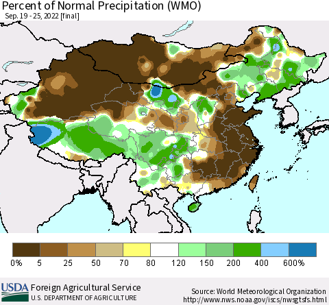 China, Mongolia and Taiwan Percent of Normal Precipitation (WMO) Thematic Map For 9/19/2022 - 9/25/2022