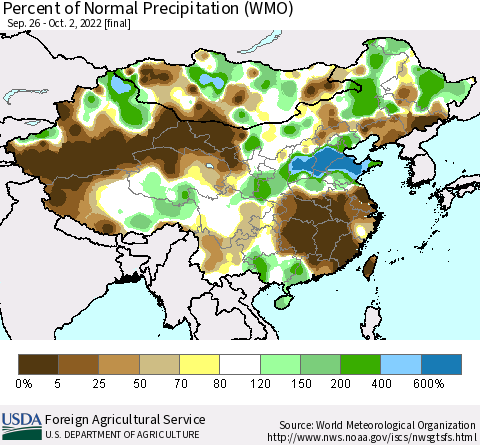 China, Mongolia and Taiwan Percent of Normal Precipitation (WMO) Thematic Map For 9/26/2022 - 10/2/2022