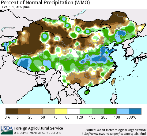 China, Mongolia and Taiwan Percent of Normal Precipitation (WMO) Thematic Map For 10/3/2022 - 10/9/2022
