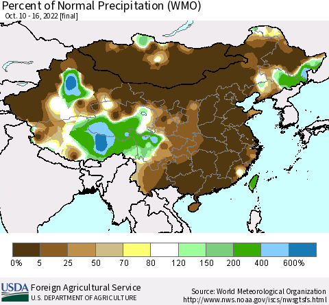 China, Mongolia and Taiwan Percent of Normal Precipitation (WMO) Thematic Map For 10/10/2022 - 10/16/2022