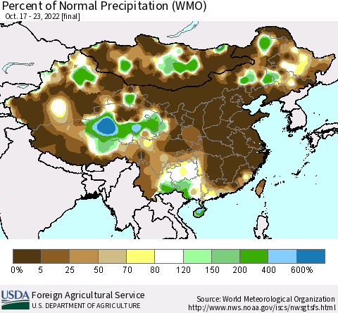 China, Mongolia and Taiwan Percent of Normal Precipitation (WMO) Thematic Map For 10/17/2022 - 10/23/2022