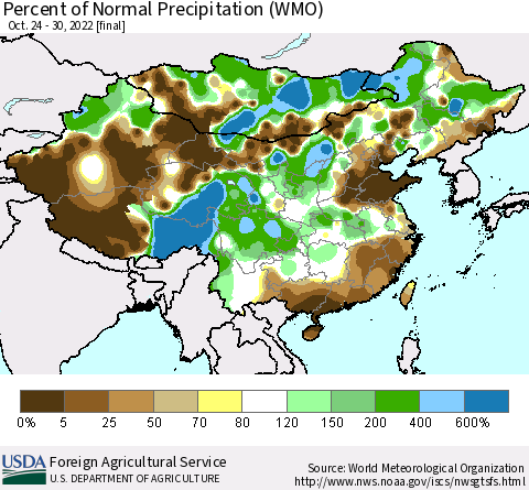 China, Mongolia and Taiwan Percent of Normal Precipitation (WMO) Thematic Map For 10/24/2022 - 10/30/2022