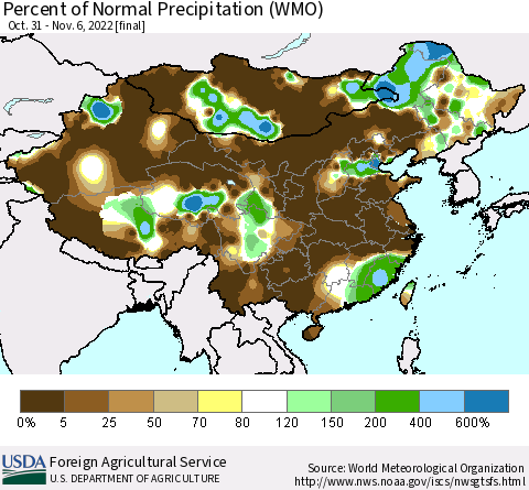 China, Mongolia and Taiwan Percent of Normal Precipitation (WMO) Thematic Map For 10/31/2022 - 11/6/2022